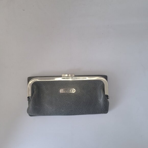 Gray Pebble Fossil Wallet Clutch* Leather with Framed Kiss Lock Coin Purse - Picture 2 of 7